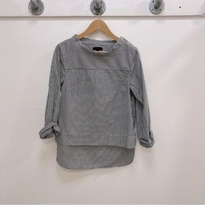 JCREW Long in back asymmetrical button neck striped blue and white top